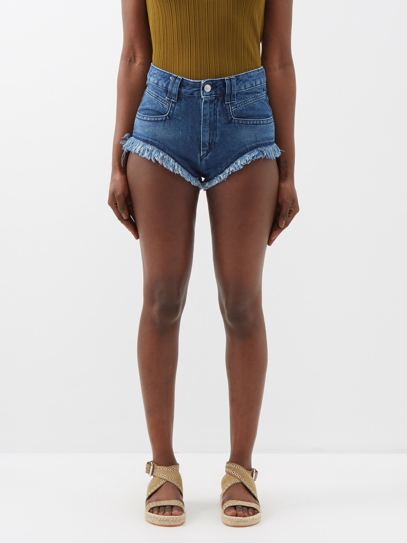 ISABEL MARANT ÉTOILE Eneidao Denim Raw-Edge Denim Shorts in Blue | Endource