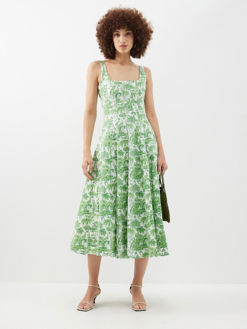 STAUD Wells Toile-Print Cotton-Blend Poplin Midi Dress | endource