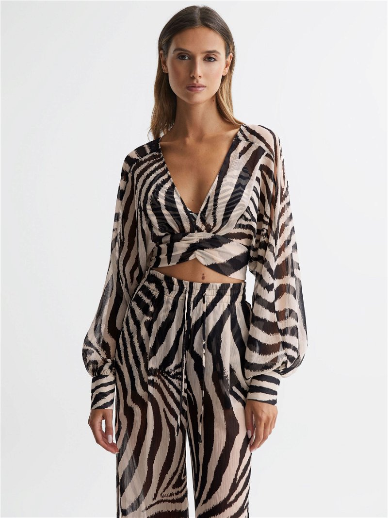 Reiss Farley Zebra Print Split Hem Beach Trousers, Black/White, 4
