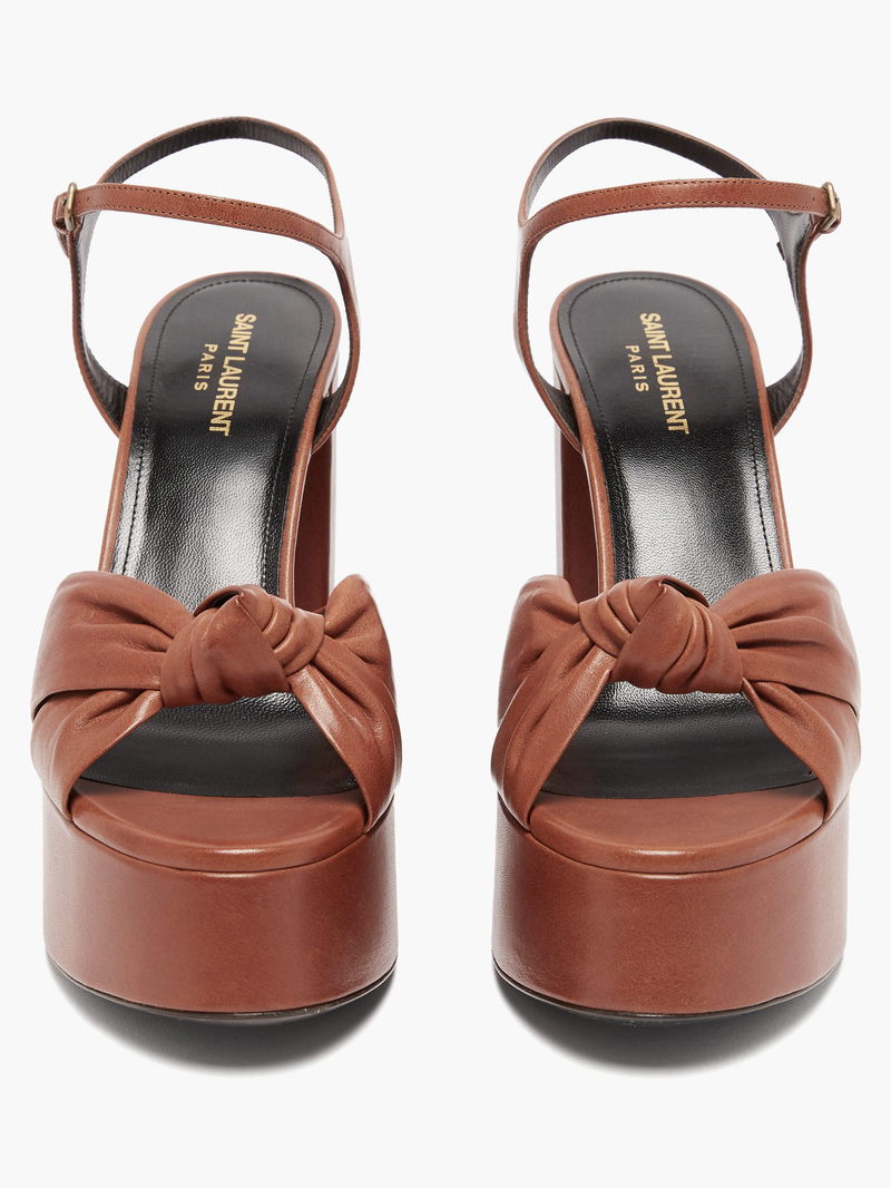 SAINT LAURENT Bianca Knotted Leather Platform Sandals in Tan  