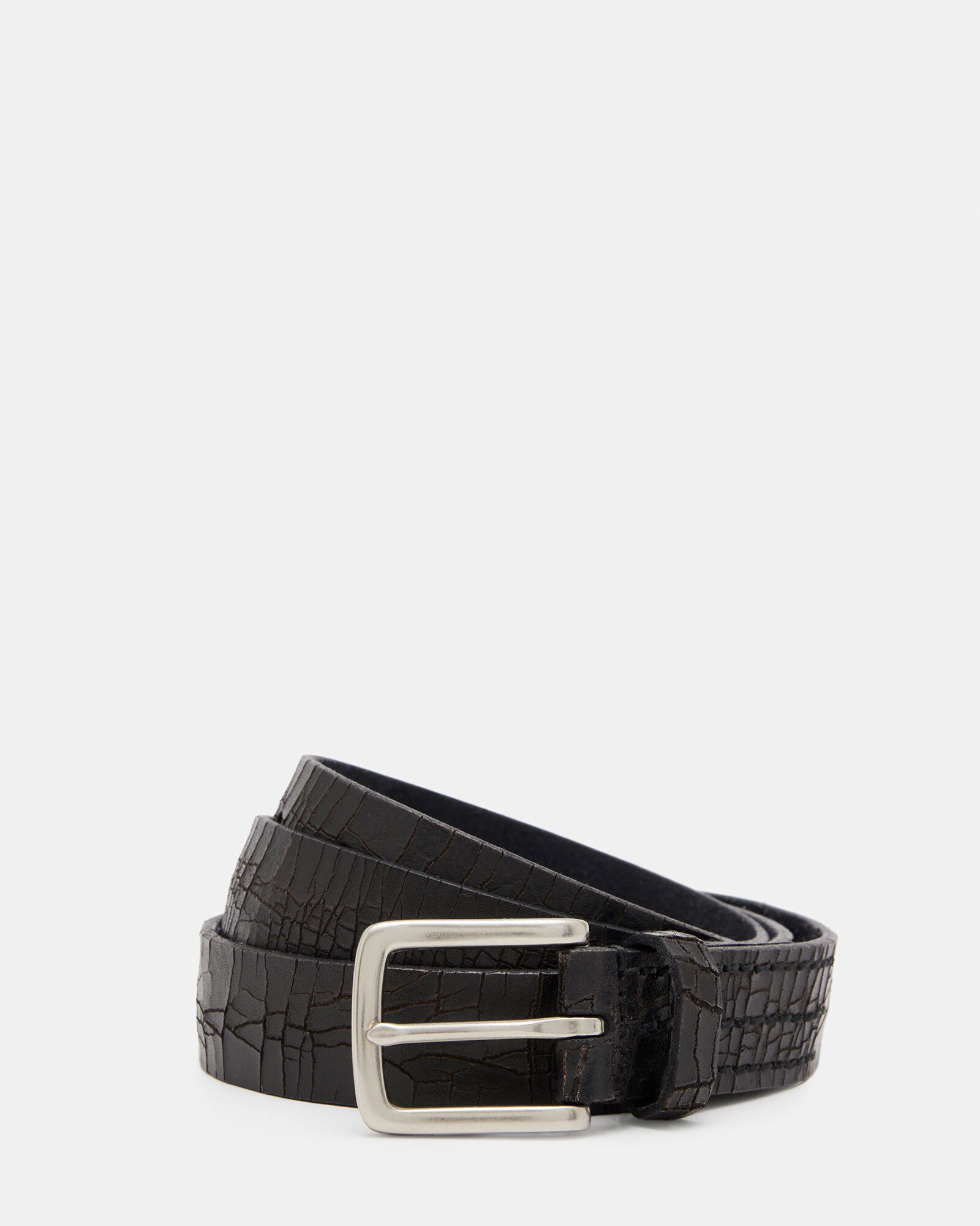 ALLSAINTS Trevor Textured Leather Belt in BLACK/DULL NICKEL | Endource