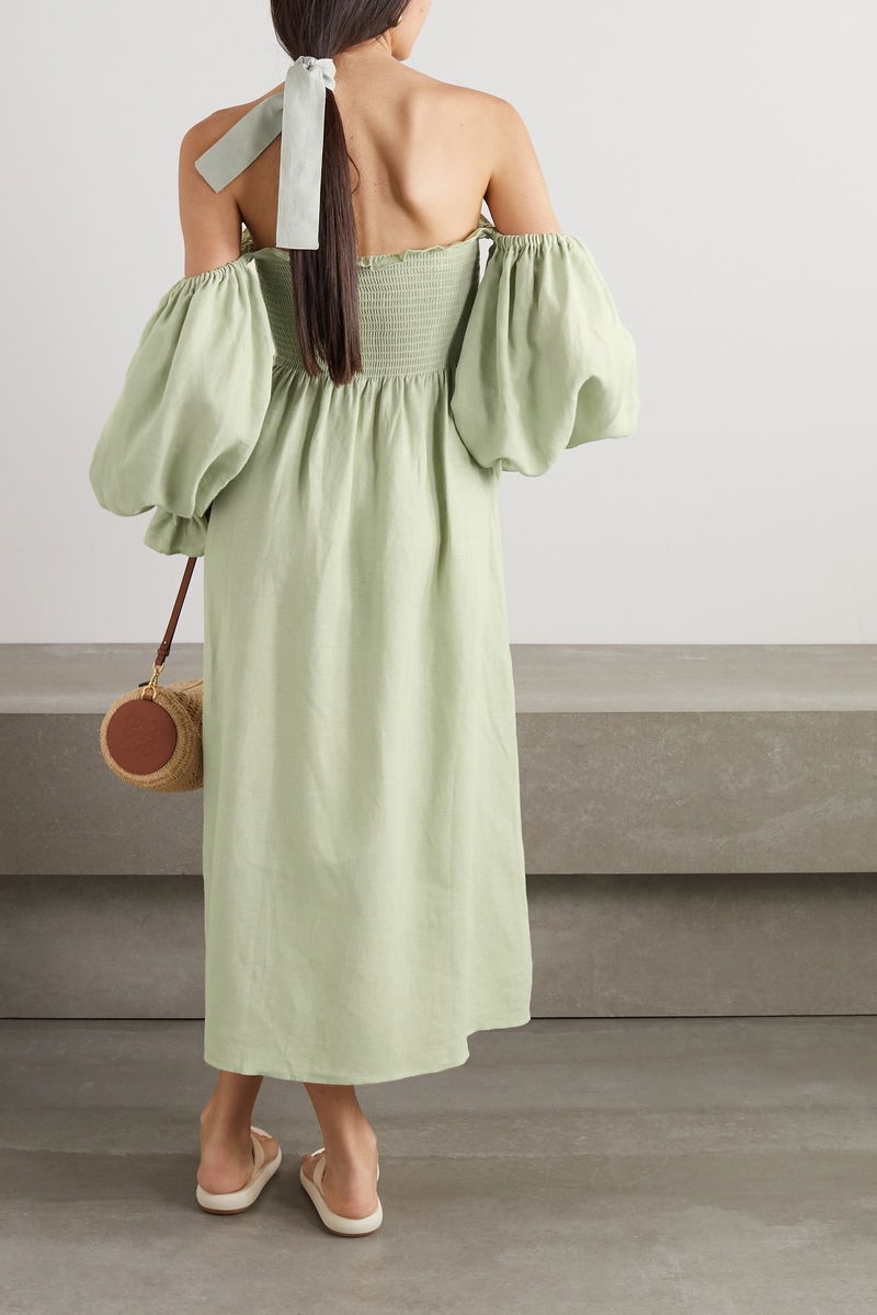 SLEEPER Atlanta Off-The-Shoulder Shirred Midi Dress | endource