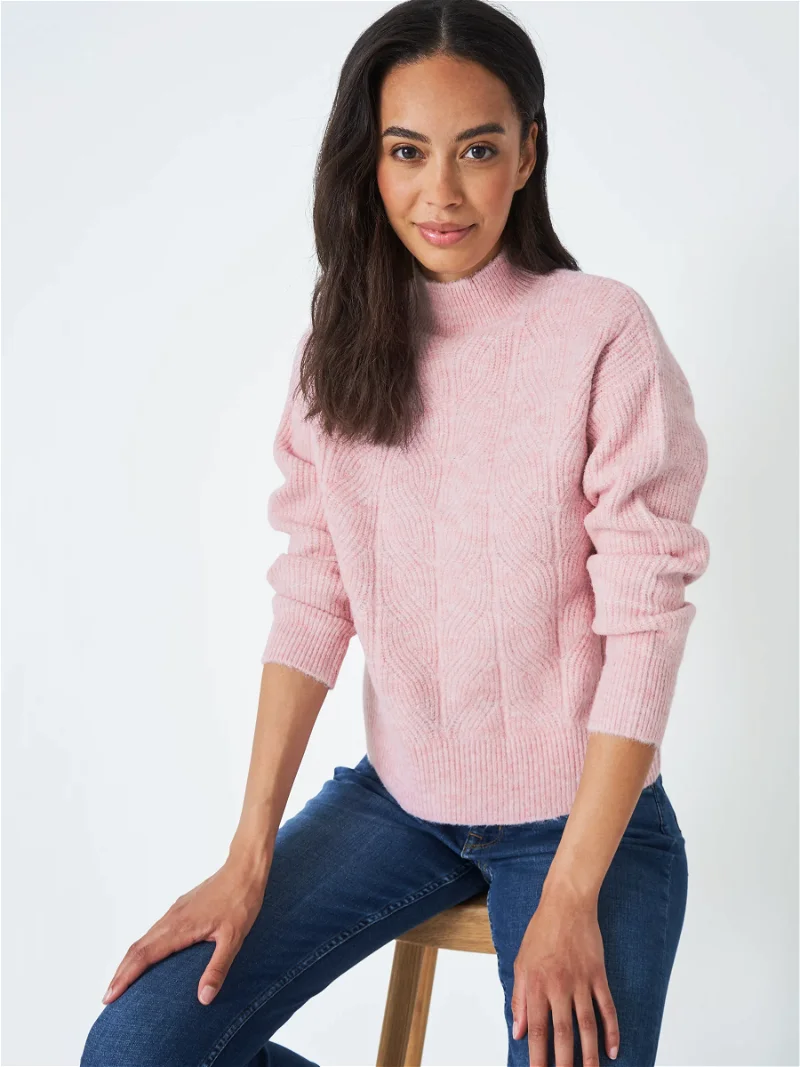Pink Ribbed Roll Neck Textured Yarn Sweater