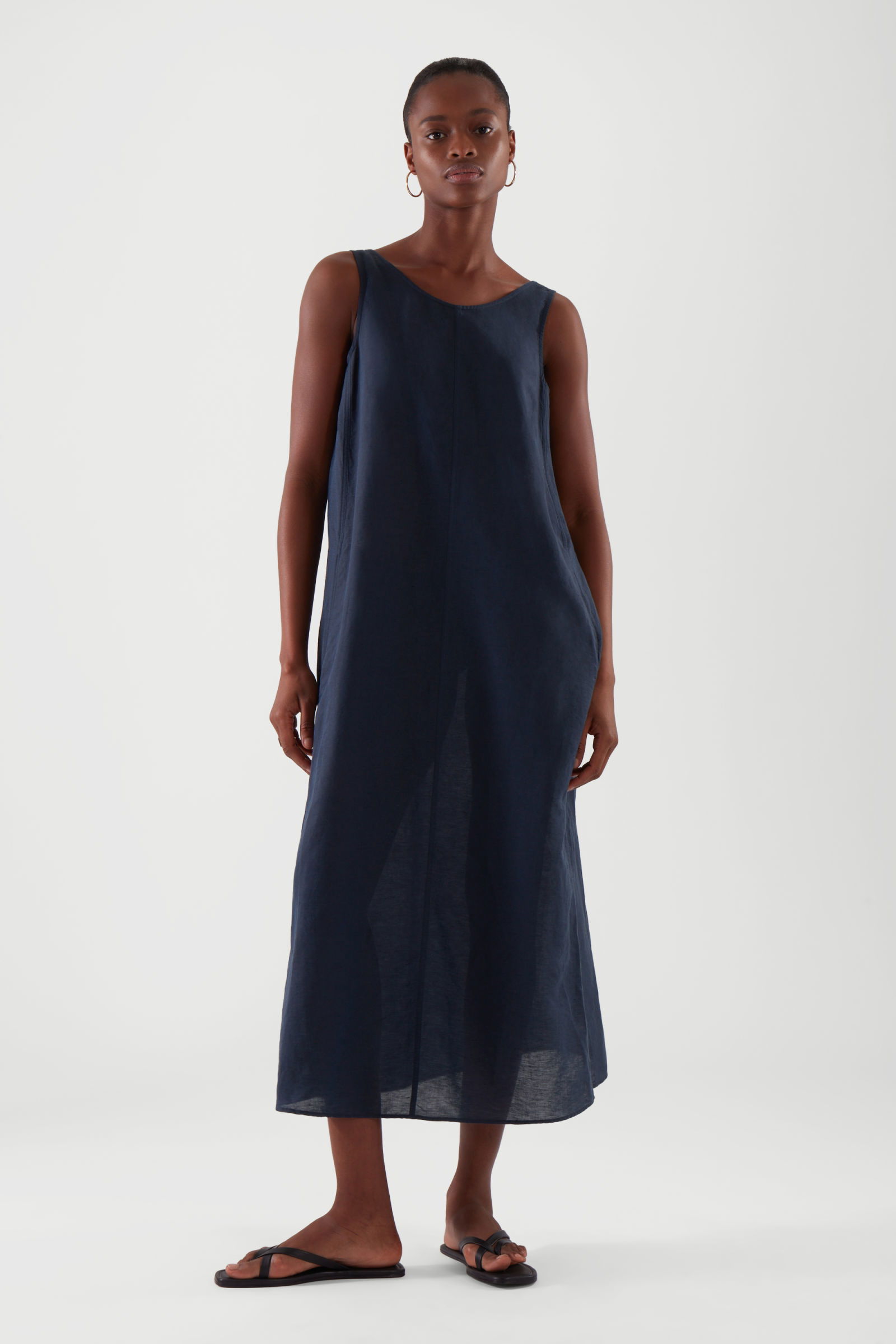 cos low cut back linen dress COS Women's Bias Cut Linen Blend Midi Dress in Black
