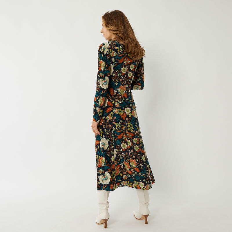 warehouse retro floral dress US Warehouse] Navy Blue Floral Bubble Sleeves Dress