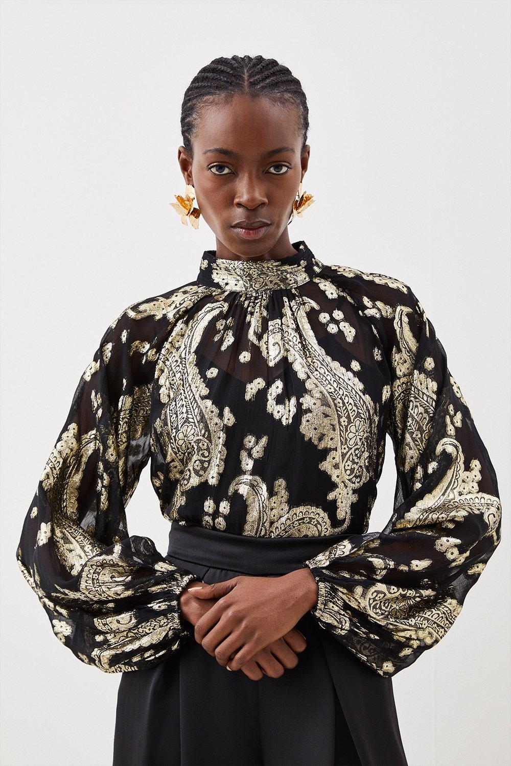 KAREN MILLEN Woven High Neck Metallic Thread Top in Black | endource