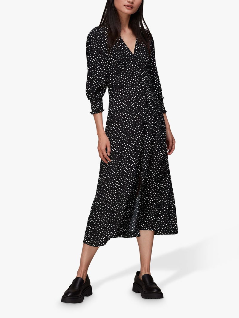 WHISTLES Ellie Spot Print Midi Dress in Black/White Endource
