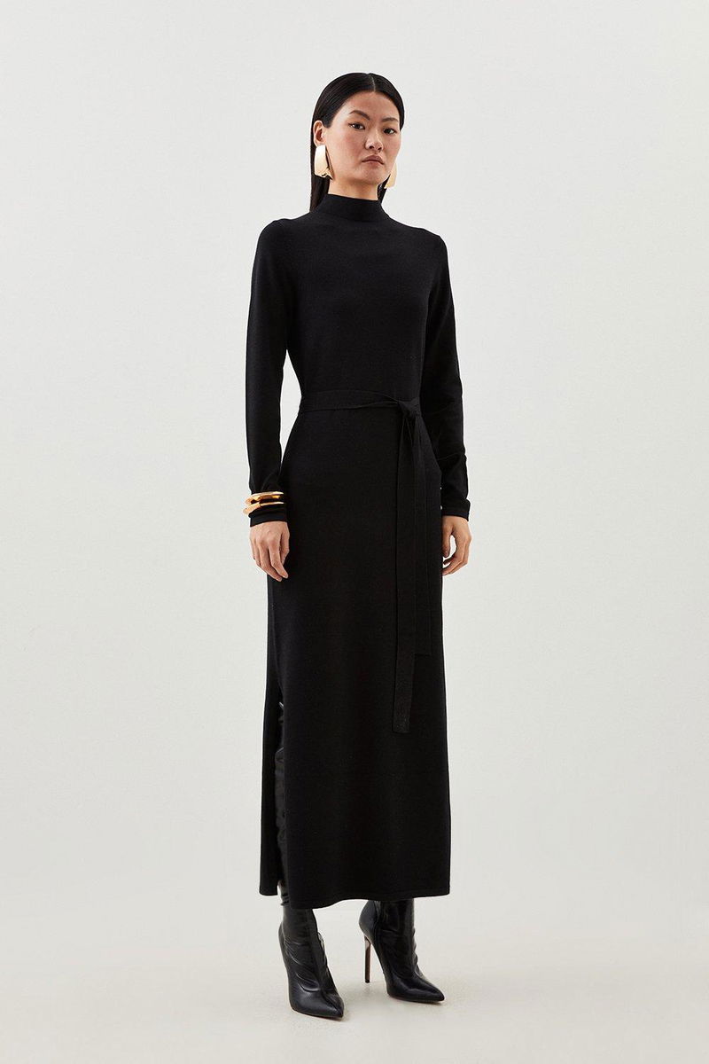 KAREN MILLEN Viscose Blend Belted Knit Midaxi Dress in Black | Endource