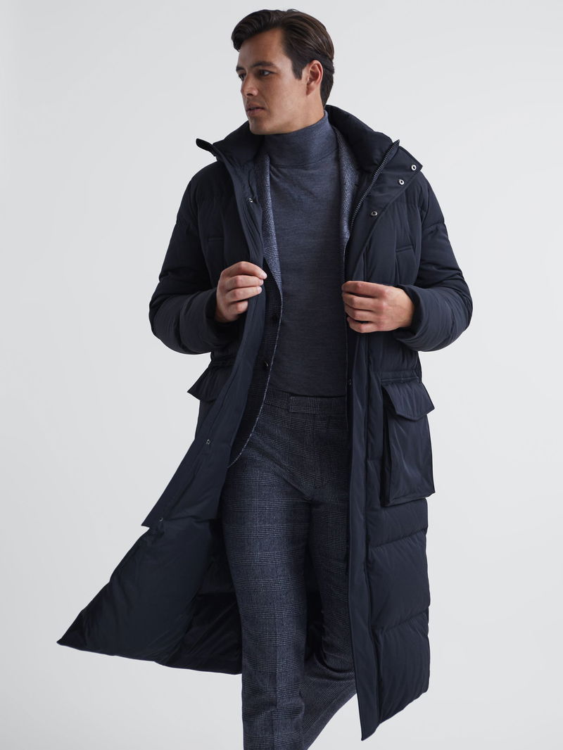 REISS Isle Longline Hooded Puffer Coat in Navy