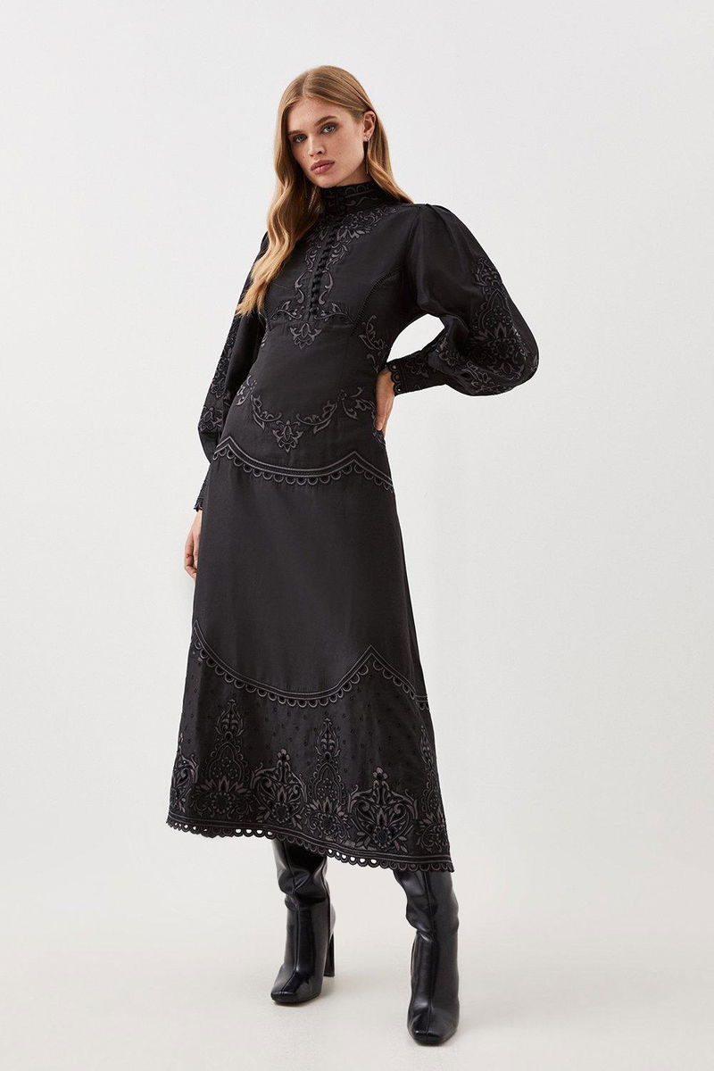 cut work embroidered woven maxi dress Baltic Born Womens Kennedy Embroidered Maxi Dress | Blue