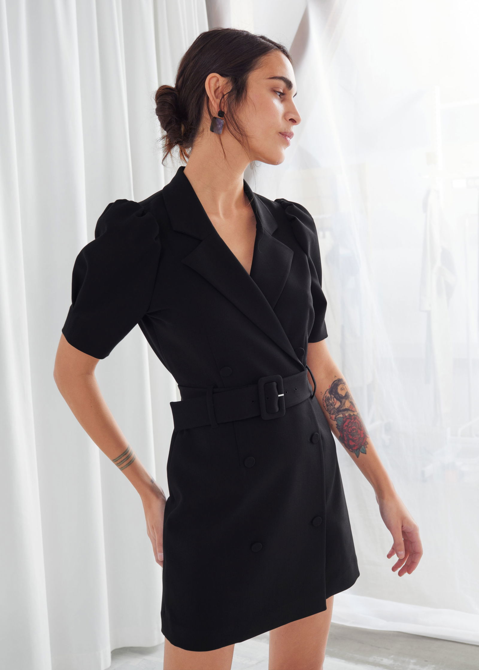puff sleeve belted mini dress Eyelet Belted Mini Dress by Black Tape