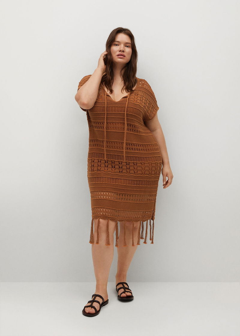 MANGO Openwork Knit Dress With Fringes | endource