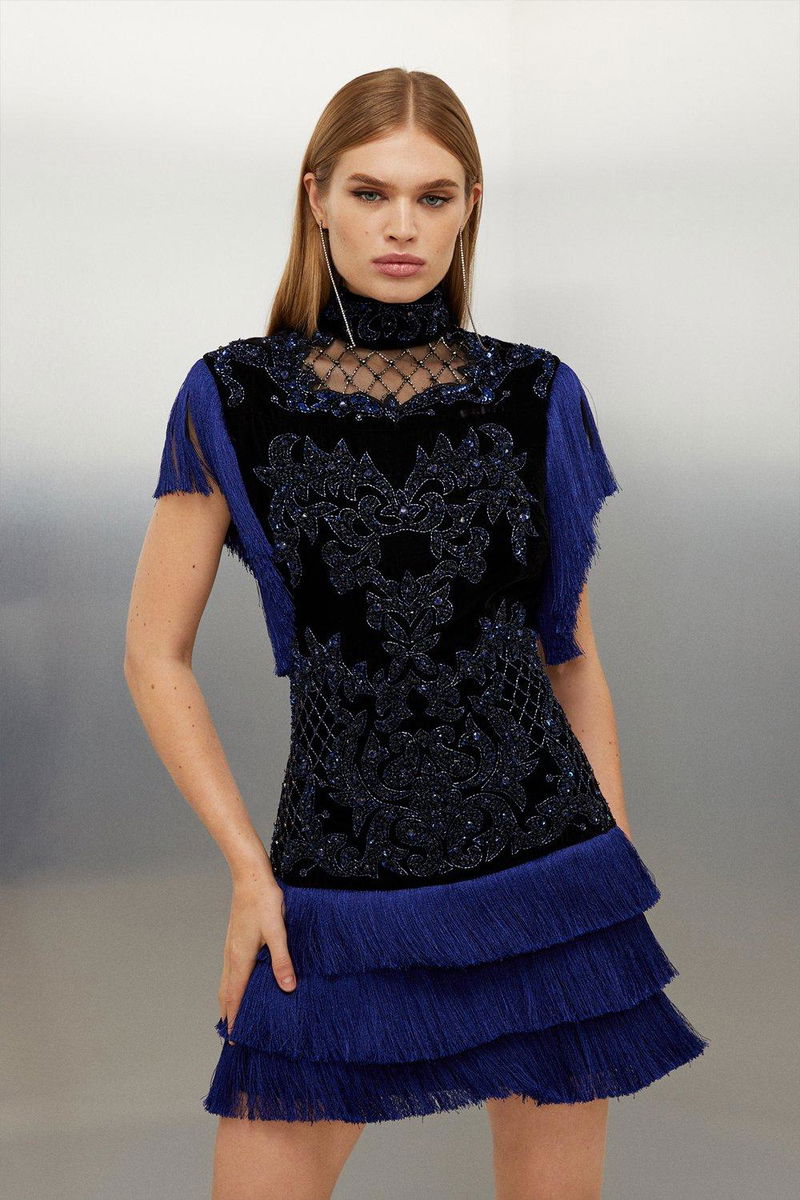 karen millen blue velvet dress Petite Baroque Fringe Mini Size:22.5 35/36 site_may White House Black Market