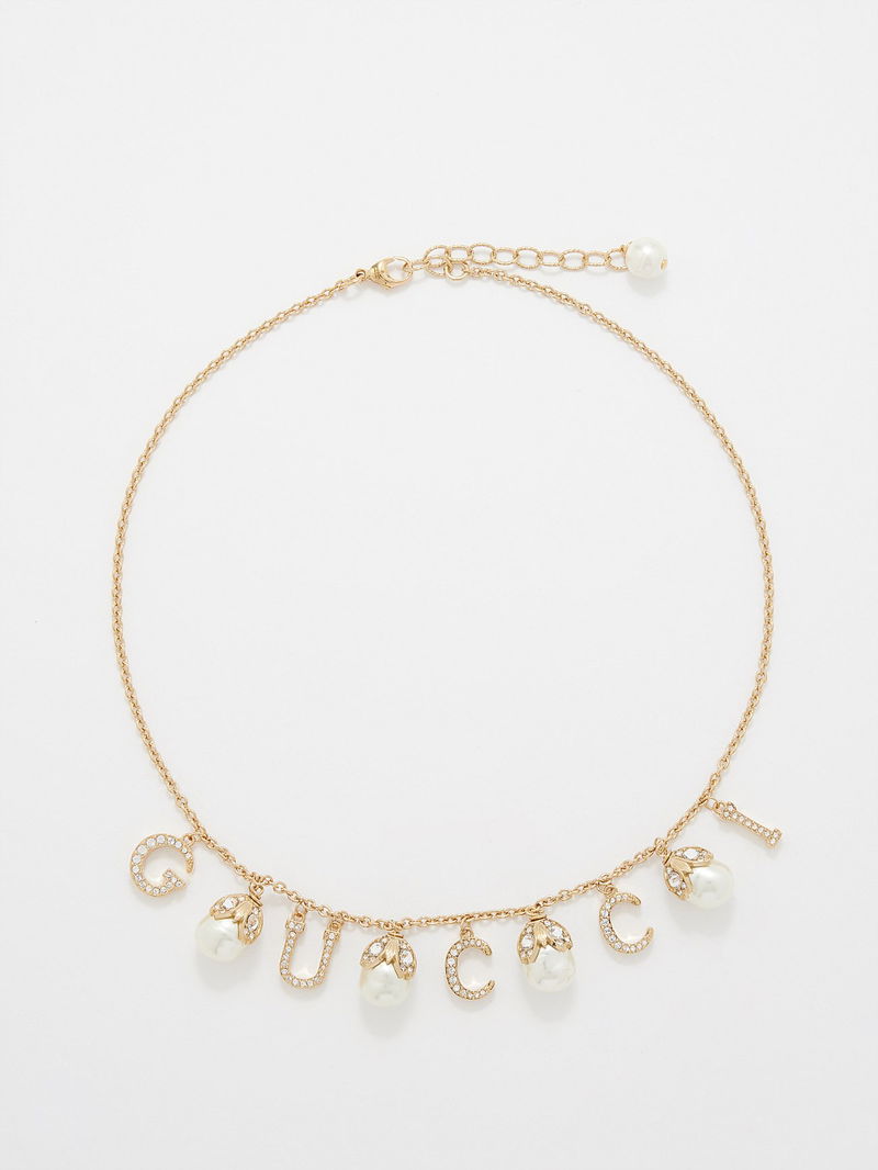 GUCCI Logo Crystal-Embellished Faux-Pearl Necklace endource