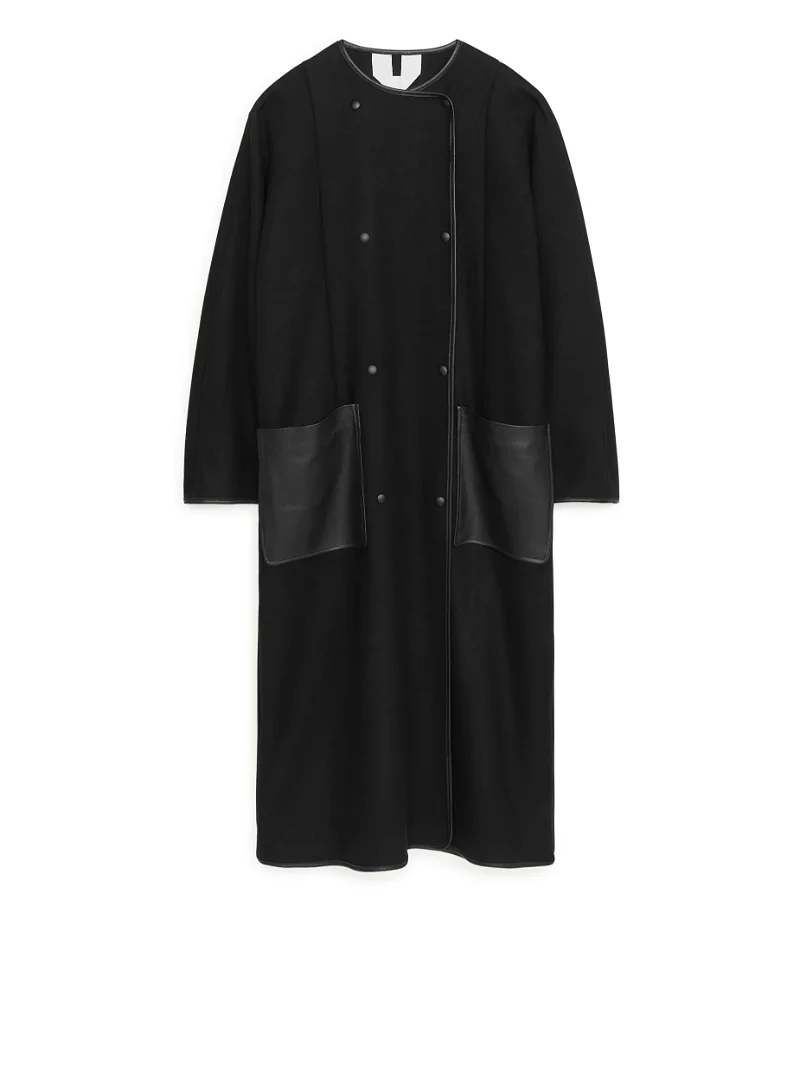 ARKET Leather Trimmed Melton Coat in Black | Endource