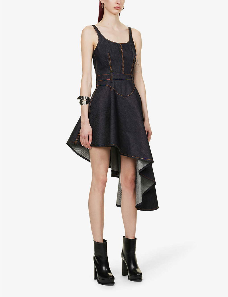 ALEXANDER MCQUEEN Asymmetrical-Hem Topstitched Denim Mini Dress