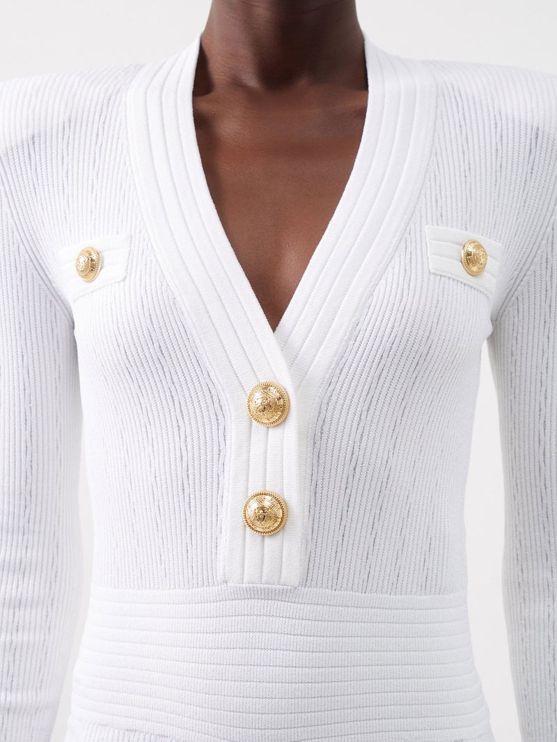 BALMAIN V-Neck Jacquard-Knit Mini Dress | endource