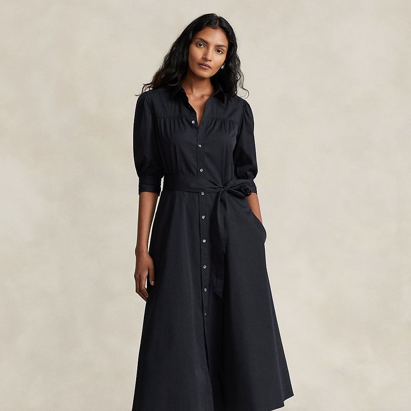 ralph lauren black shirt dress Polo Ralph Lauren Collared Pleated Shirt Midi Dress | Black