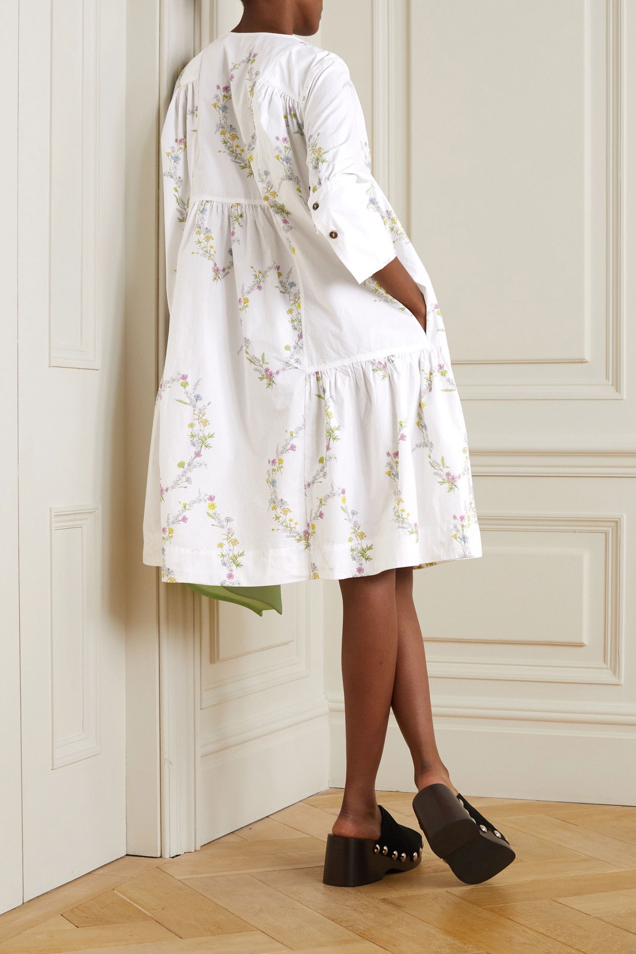 printed cotton poplin mini dress ganni GANNI Tiered Floral-Print Organic Cotton Poplin Mini Dress