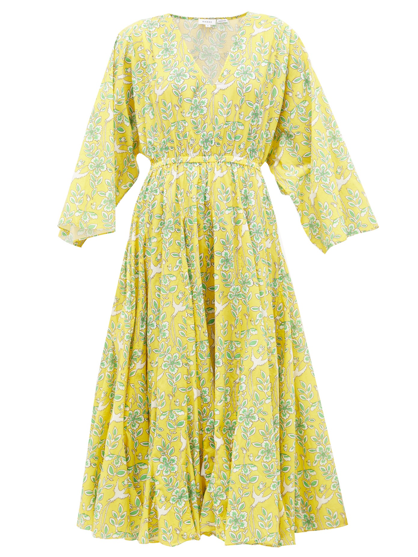 RHODE Emily Swallow & Floral-Print Cotton Midi Dress in Yellow | Endource