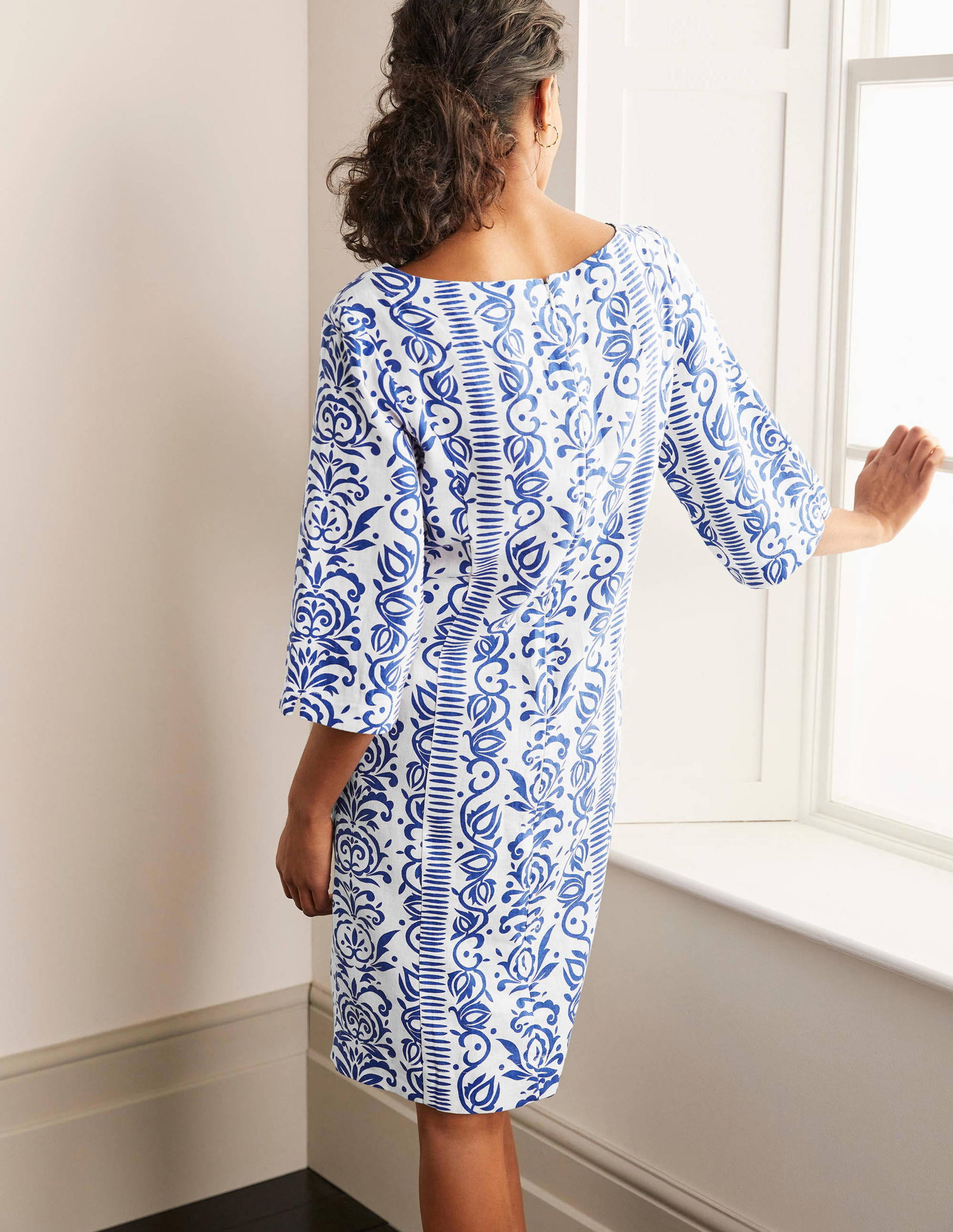 boden laurie linen dress Boden Laurie Linen Shift Dress Womens 2P Blue & White Patterned 3/4 Sleeve