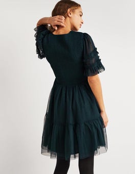 slim fit dress slacks Lucille Tulle Midi Dress-Emerald Night