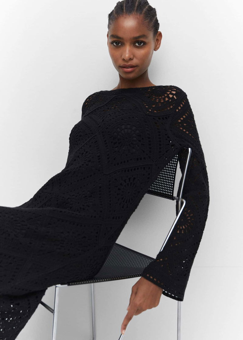 MANGO Flared-Sleeve Crochet Dress | endource