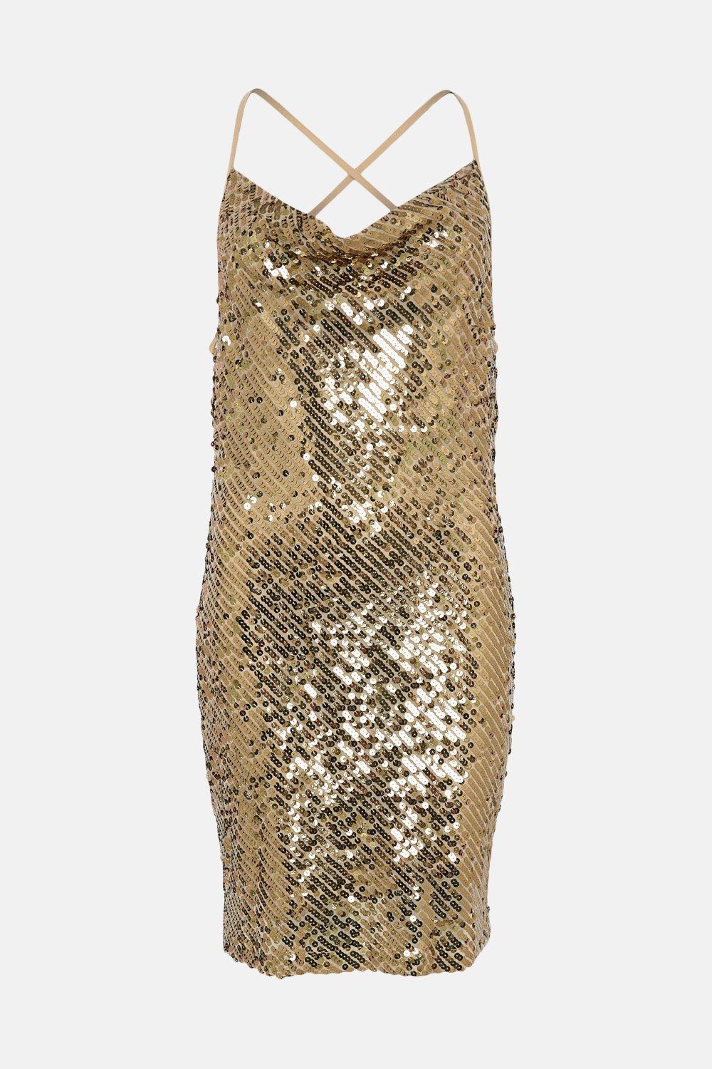 slim fit dress slacks Gold Sequin Cowl Neck Mini Dress 10
