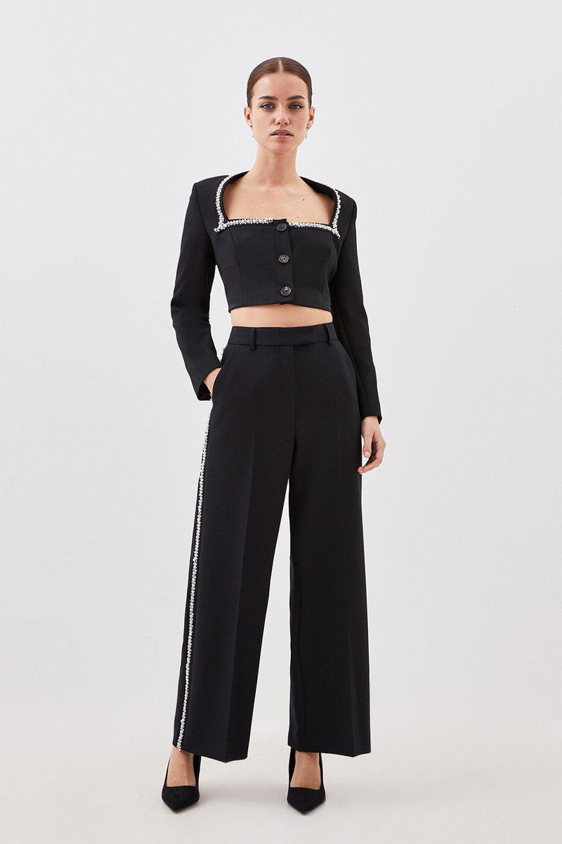 Petite Black Embellished Trim Palazzo Trousers