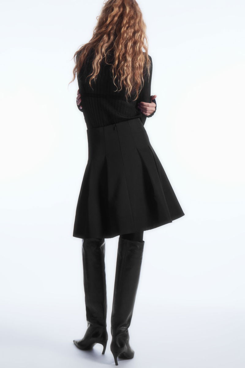 COS Voluminous Pleated Satin Mini Skirt in BLACK | endource 