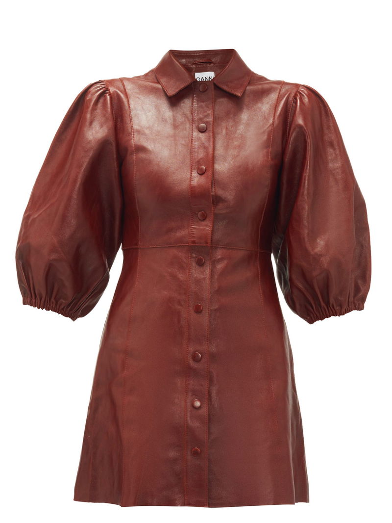 GANNI Balloon-Sleeve Leather Mini Shirt Dress | endource