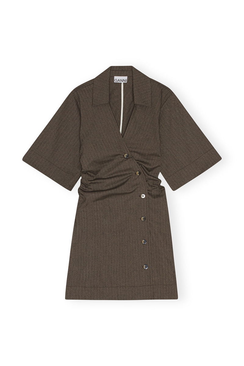 GANNI Drapey Suiting Gathered Mini Dress in Rocky Road | endource