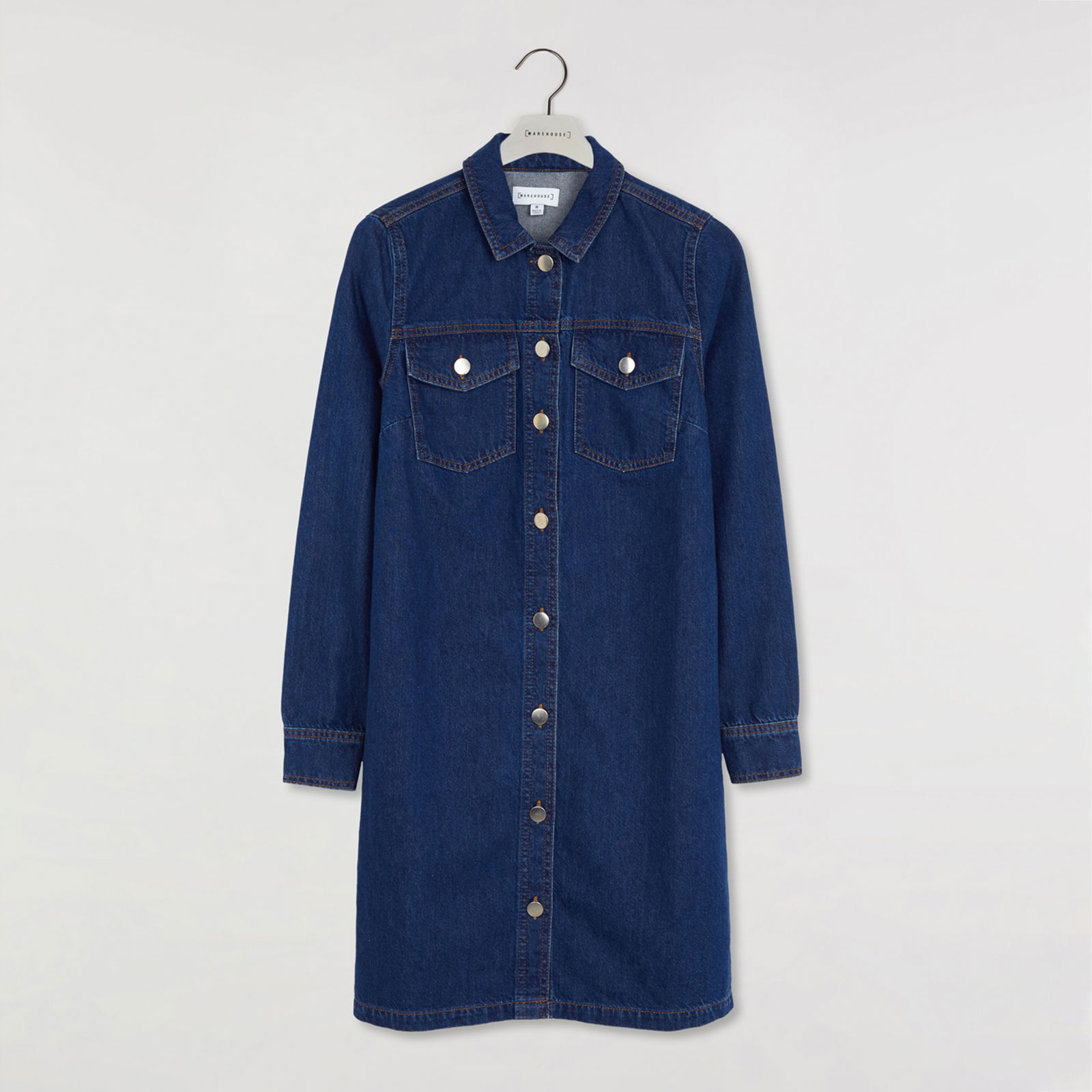 WAREHOUSE Button Mini Denim Shirt Dress | endource WAREHOUSE Button Mini Denim Shirt Dress | endource