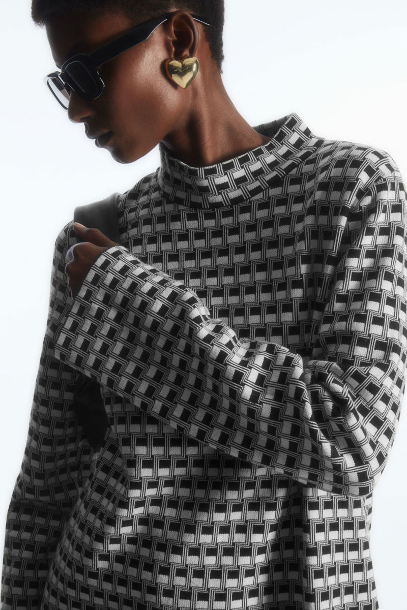 COS Checked Jacquard-Knit High-Neck Top in BLACK / STRIPED | endource