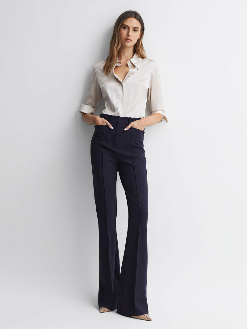 REISS Dylan Flared High Rise Trousers in Navy | Endource