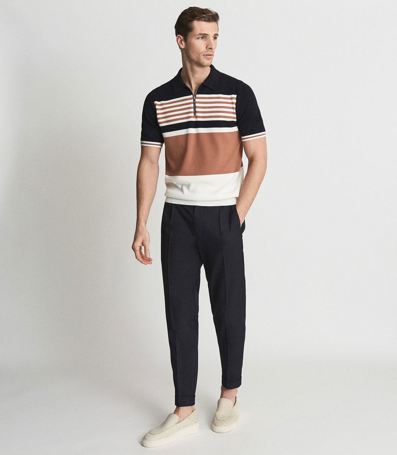 REISS Captain Half Zip Stripe Colour Block Polo T-Shirt in Navy/camel ...