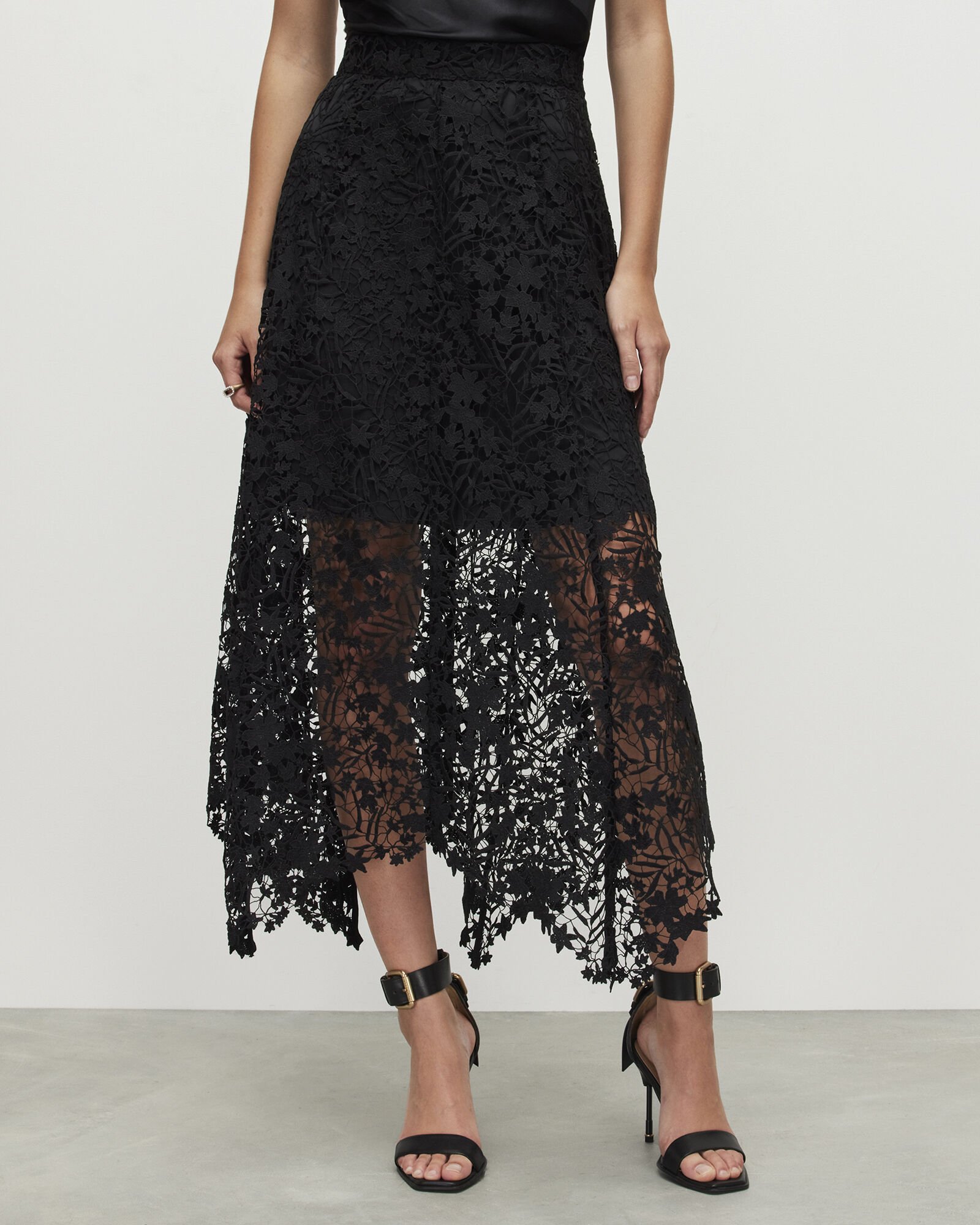 ALLSAINTS Camila Asymmetric Hem Lace Skirt in Black | Endource