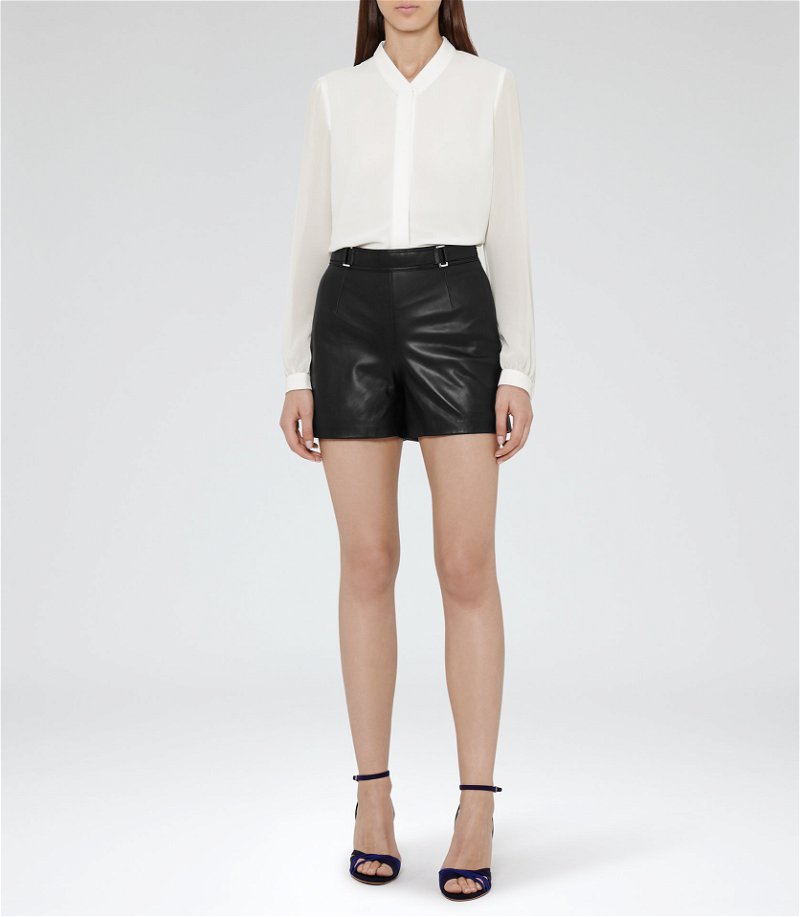 REISS Bowery Black Leather Shorts | Endource