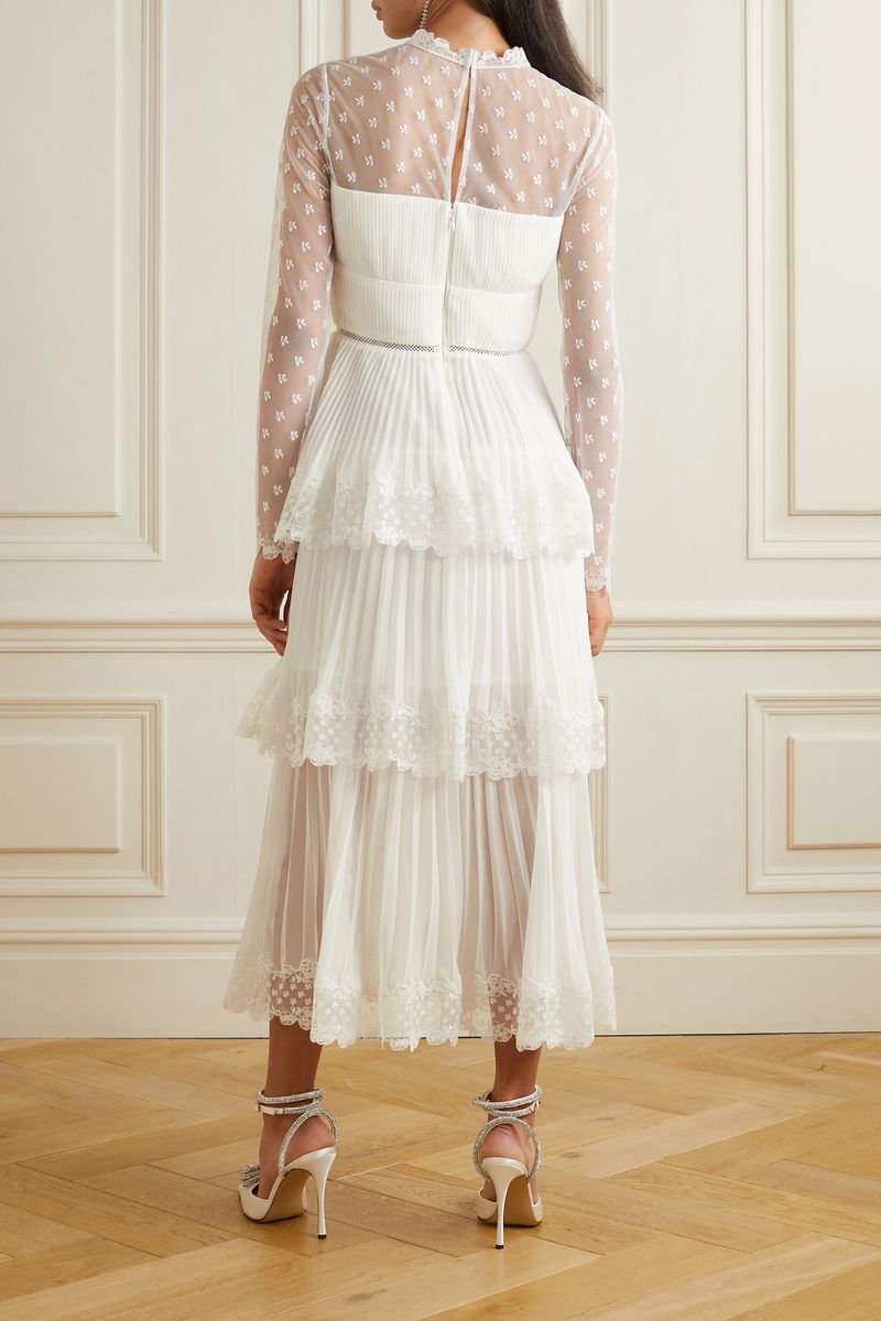 self portrait chiffon lace tiered midi dress Self-Portrait Blue Chiffon Tiered Midi Dress