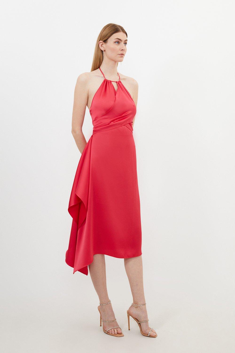 KAREN MILLEN Petite Satin Back Crepe Draped Wrap Halter Neck Midi Dress in Cherry Endource
