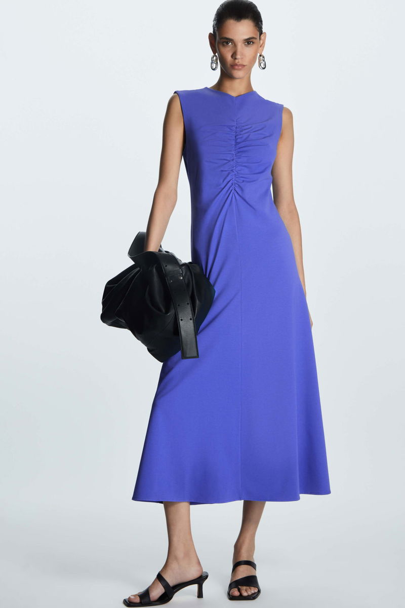 cos blue midi dress COS Women's Tiered Gathered Midi Dress in Blue | Cotton