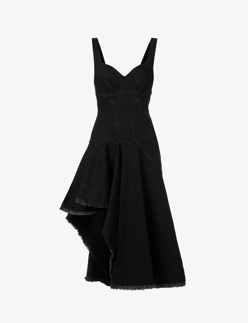 ALEXANDER MCQUEEN Asymmetric Sweetheart-Neckline Denim Maxi Dress