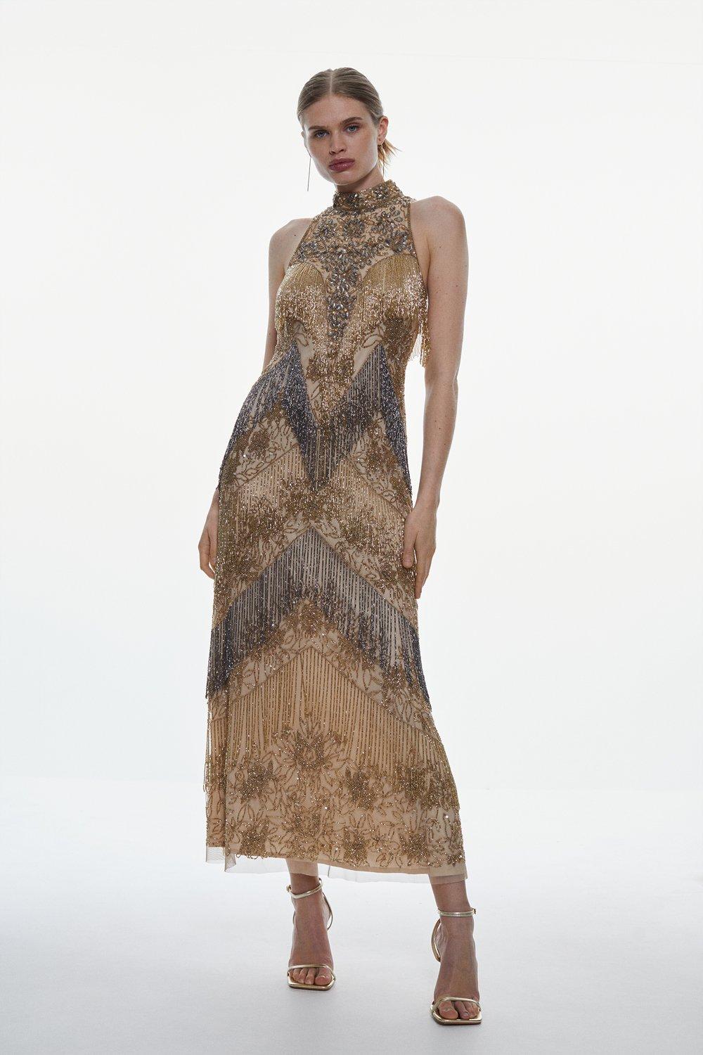 KAREN MILLEN Embellished Fringed Halter Dress in Gold Endource