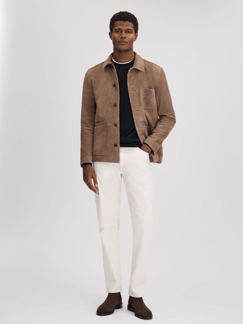 REISS Roma Suede Button-Through Jacket in Mocha | Endource