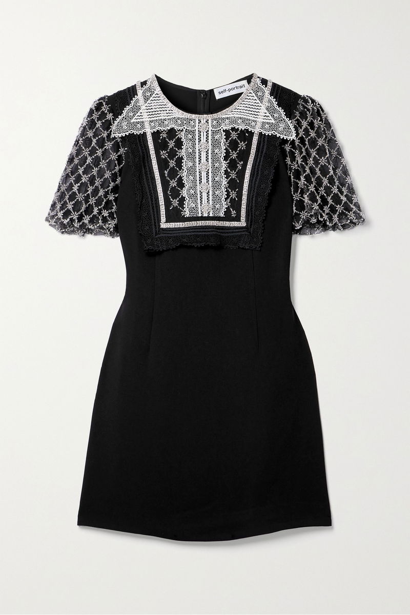SELF-PORTRAIT Embellished Tulle And Lace-Trimmed Crepe Mini Dress | endource