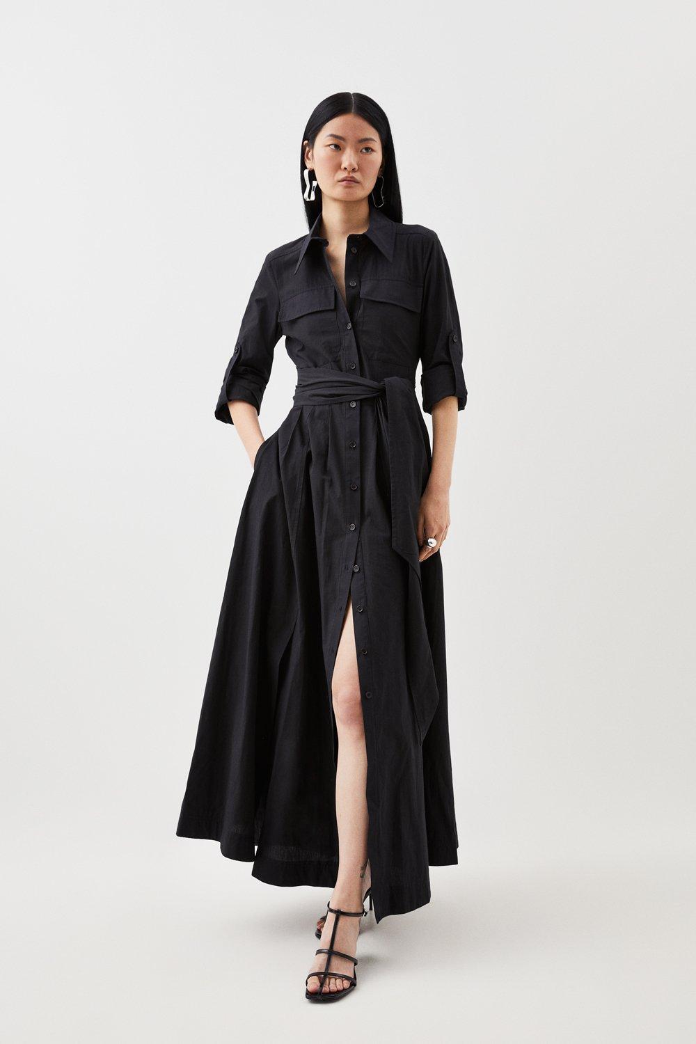 knee length dresses for ladies Button Down Maxi Shirt Dress with Lace Trim in Black