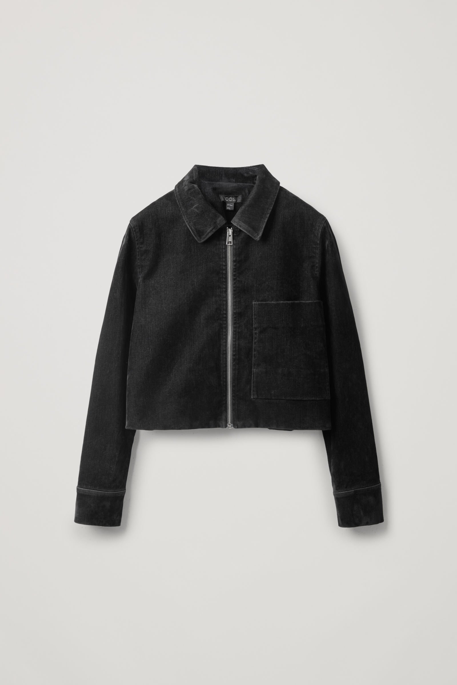 COS Cropped Velvet Denim Jacket in black | Endource
