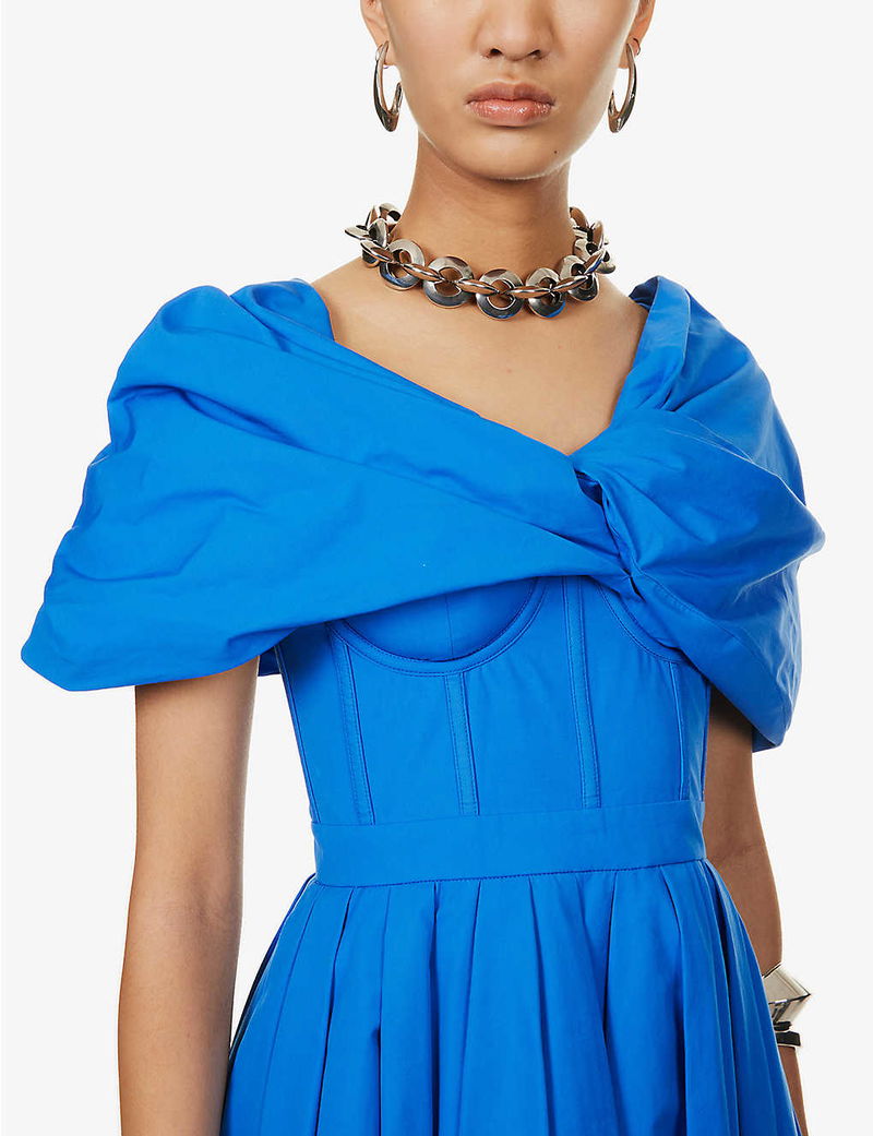 ALEXANDER MCQUEEN Draped-Bow Corset Cotton Midi Dress | endource