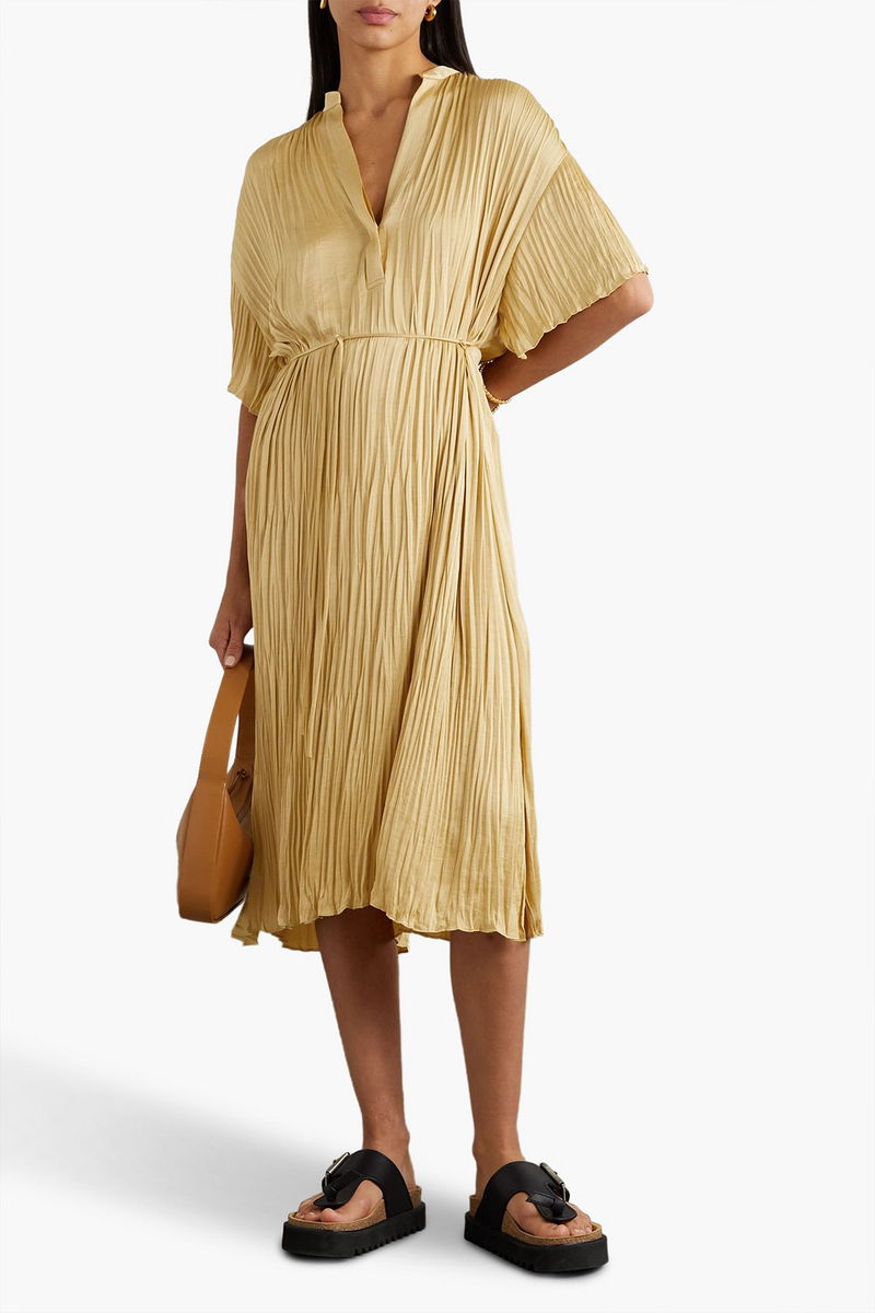 VINCE. Belted Pliss-Satin Midi Dress | endource