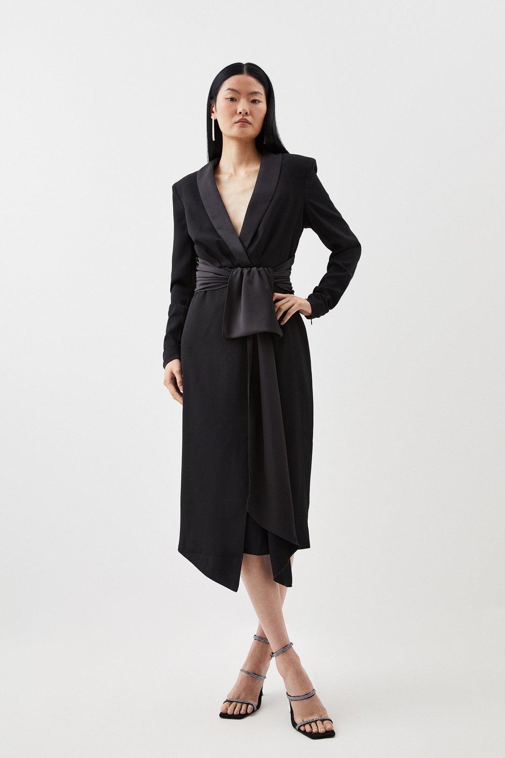KAREN MILLEN Satin Back Crepe Belted Woven Midi Wrap Dress | endource
